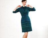 Vintage 1960s Dress - 60s Dress - Teal & Blue Mosaic Stripes