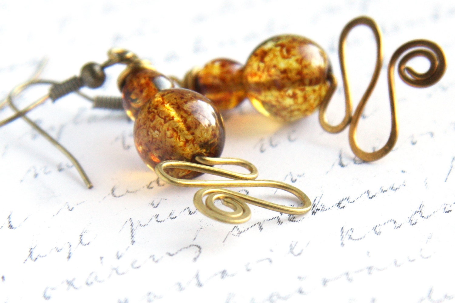 Wire Wrapped Earrings, Honey Czech Glass Dangle Earrings, Hand Forged Earrings, Boho Earthy Rustic Tribal Beach