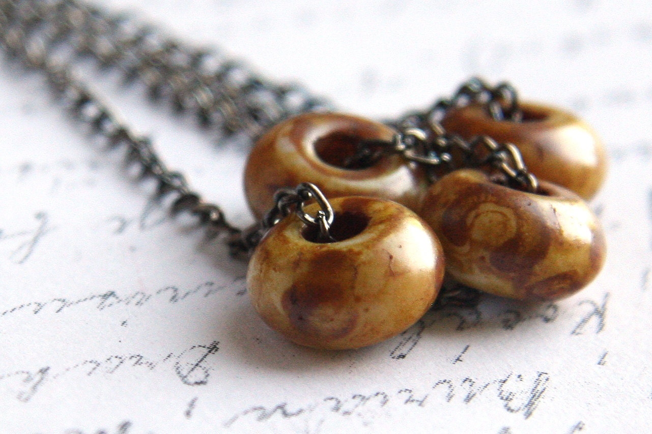 Rustic Long Chain Earrings, Boho Earthy Tribal Primitive Ceramic Beads, Antique Bronze
