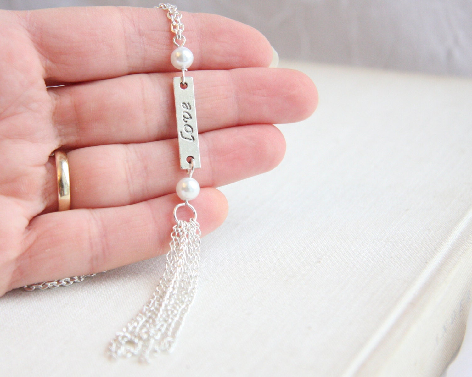 on Vacation / Love Stamped Letters, Silver Tassel Necklace, Bar Pendant, Silver Chain Necklace, White Pearl, Everyday Jewelry