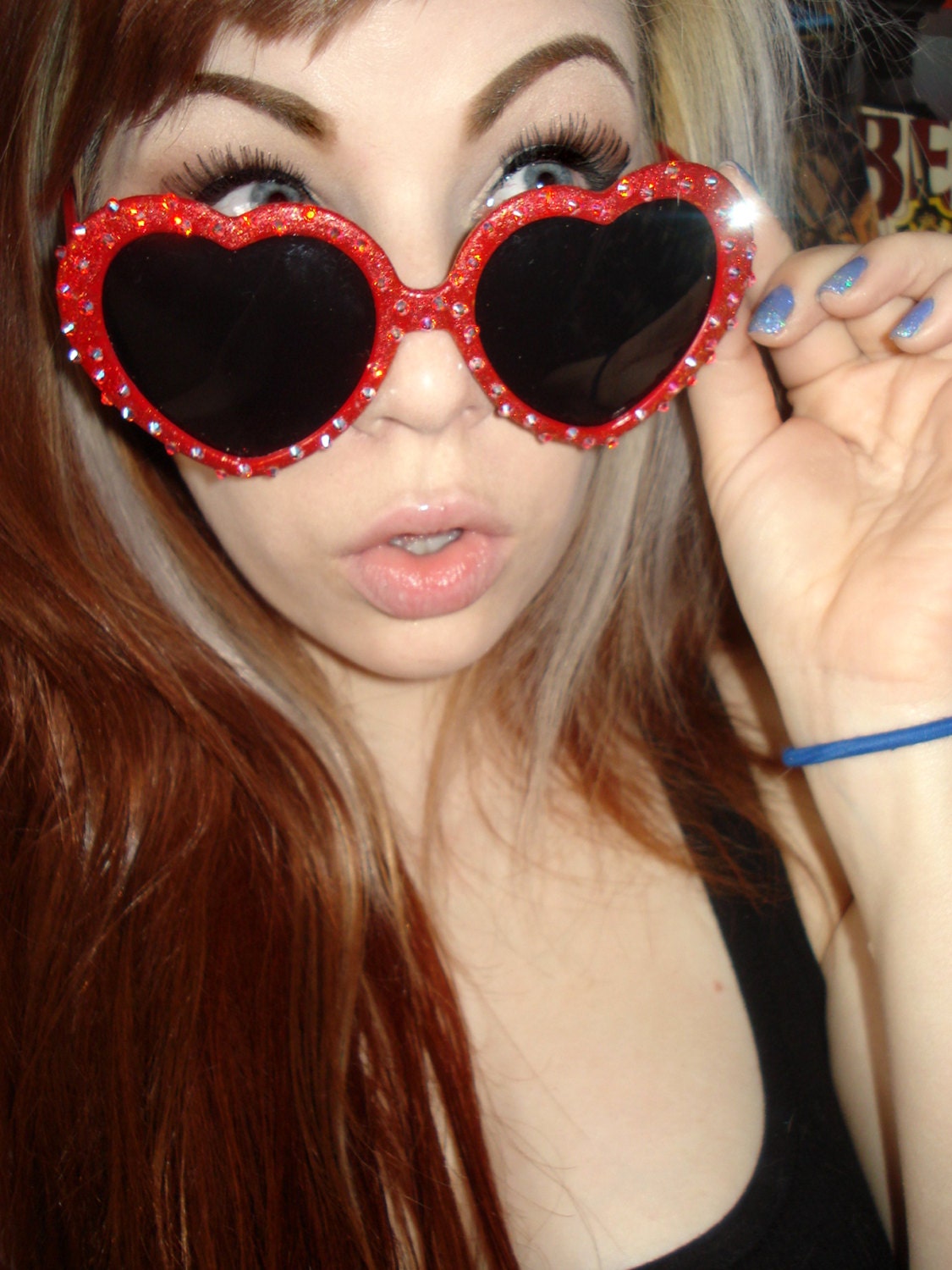 Feverous- Red Heart Shaped Sunglasses Cover With Red Glitter and Hyancinth AB Rhinestones