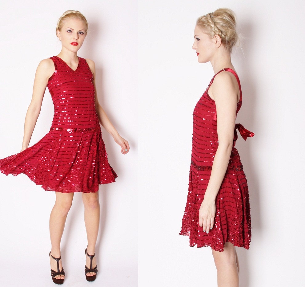 1990s does 1930s Art Deco Flapper Sequin Oxblood Blood Cocktail Party Dress / Dress / Dresses / Cocktail Dress / Sequin Fashion / 1640