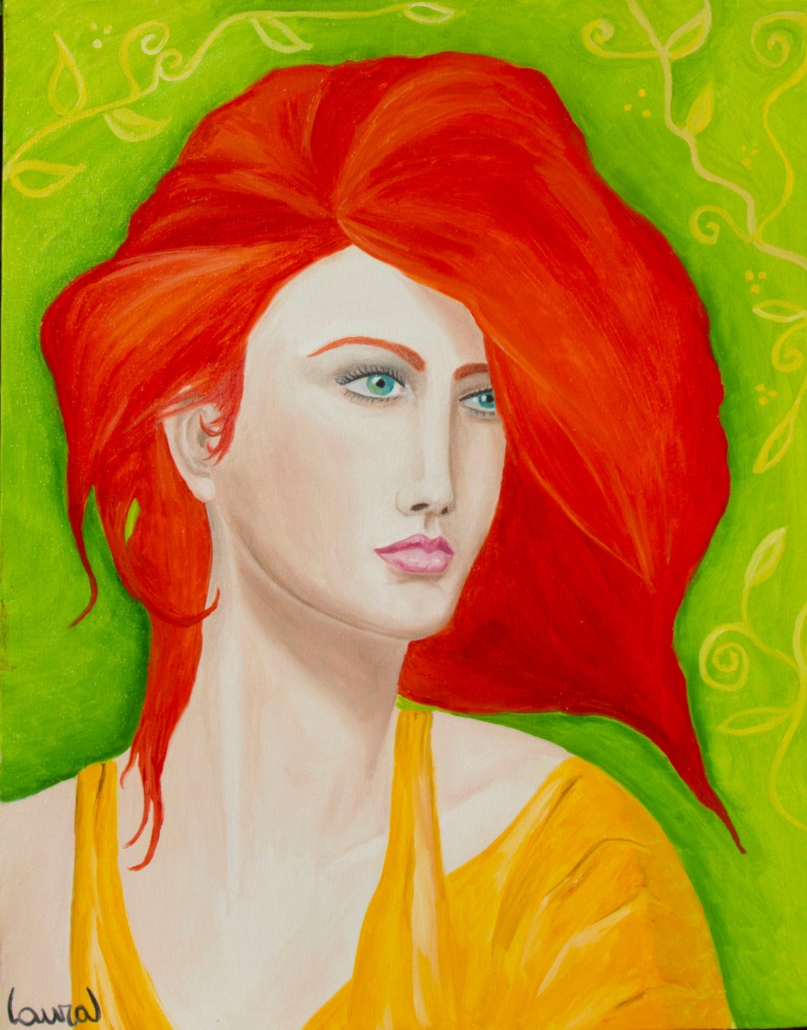 Original oil painting, Yellow, Green and Red, Fantasy portrait, by Italian artist