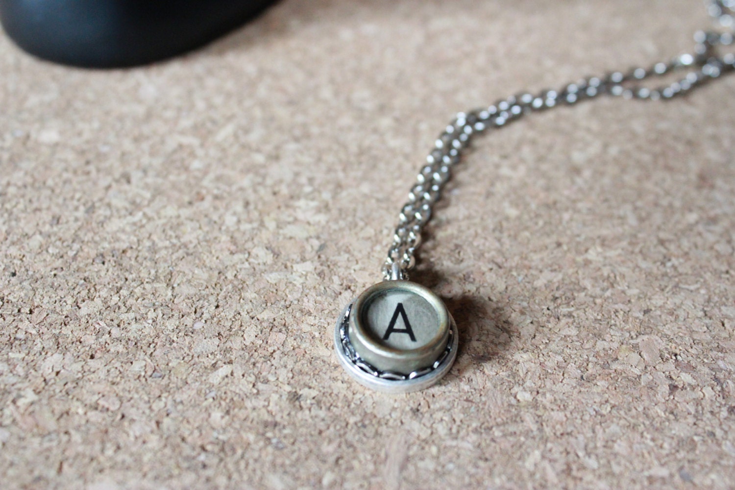 Typewriter Key Pendant on Silver Necklace in the Letter A