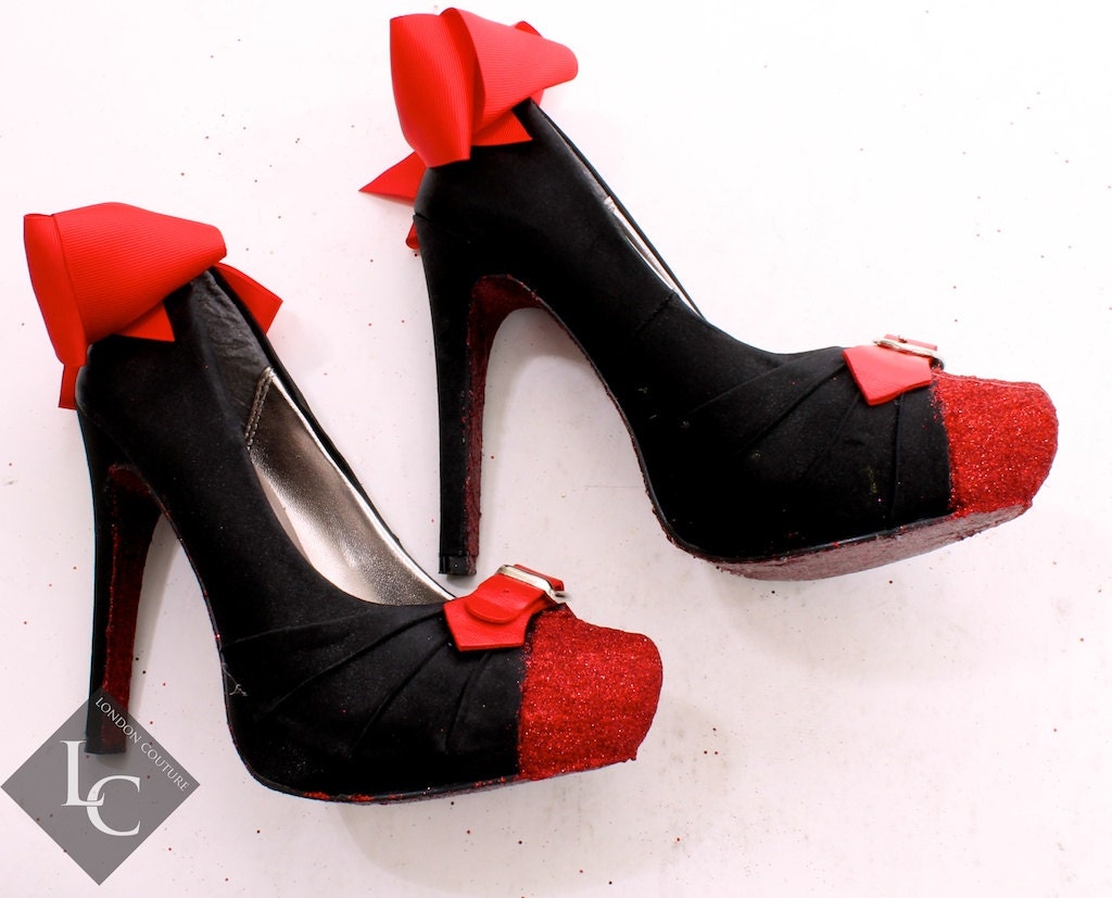 Custom Decorated Red Ruby Slippers Dorothy from the Wizard of Oz Inspired Red Glitter w/Black Silk Heels w/red Leather Buckles/Red Bows Sz7