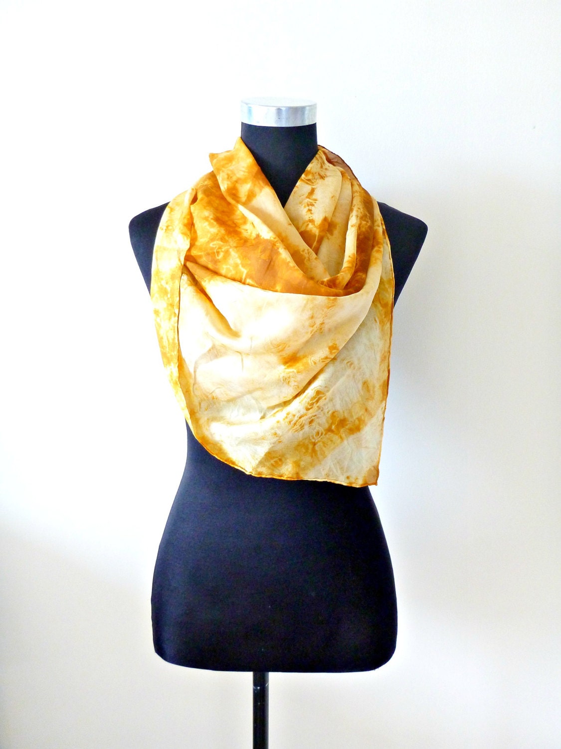 60s Yellow Tie Dye Silk Scarf- Boho, Hippie, Hipster, Mustard, Summer, Urban Outfitters, Retro, Pinup