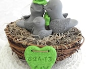 Family Love Birds Wedding Cake Topper, Grey and Lime Green, Bride,Groom and Child in Nest,  Personalized, You choose colors