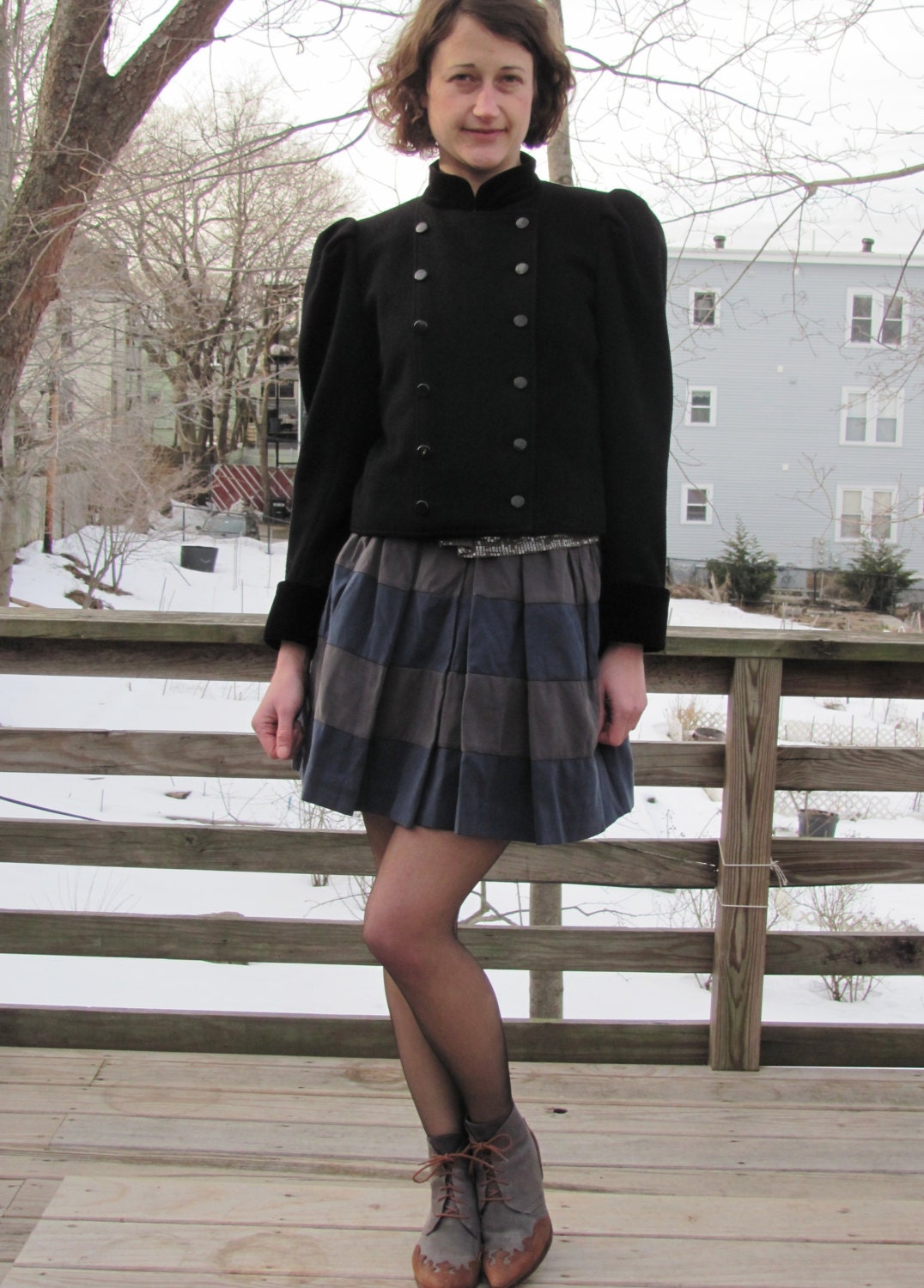Mario Borsato Couture Double Breasted Puff Sleeve Cropped Wool and Velvet Jacket
