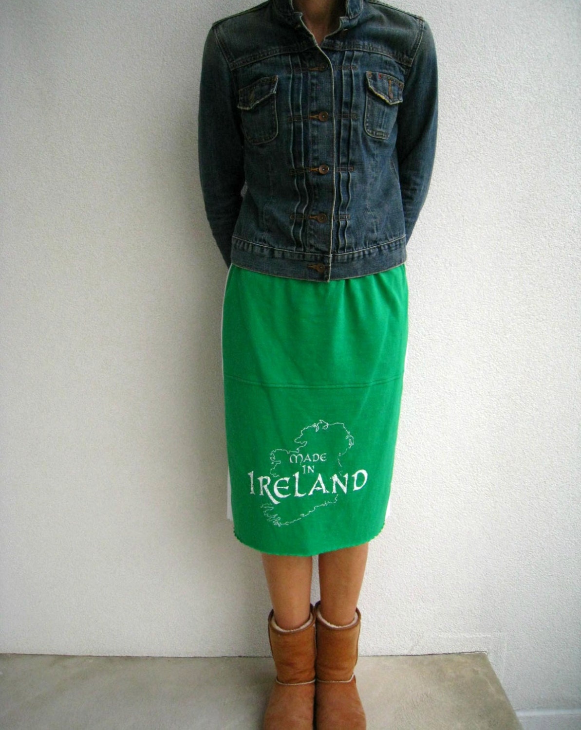 Ireland T Shirt Skirt / Kelly Green White / Recycled / Upcycled / Straight / Knee Length / Cotton / Soft / Fun / by ohzie