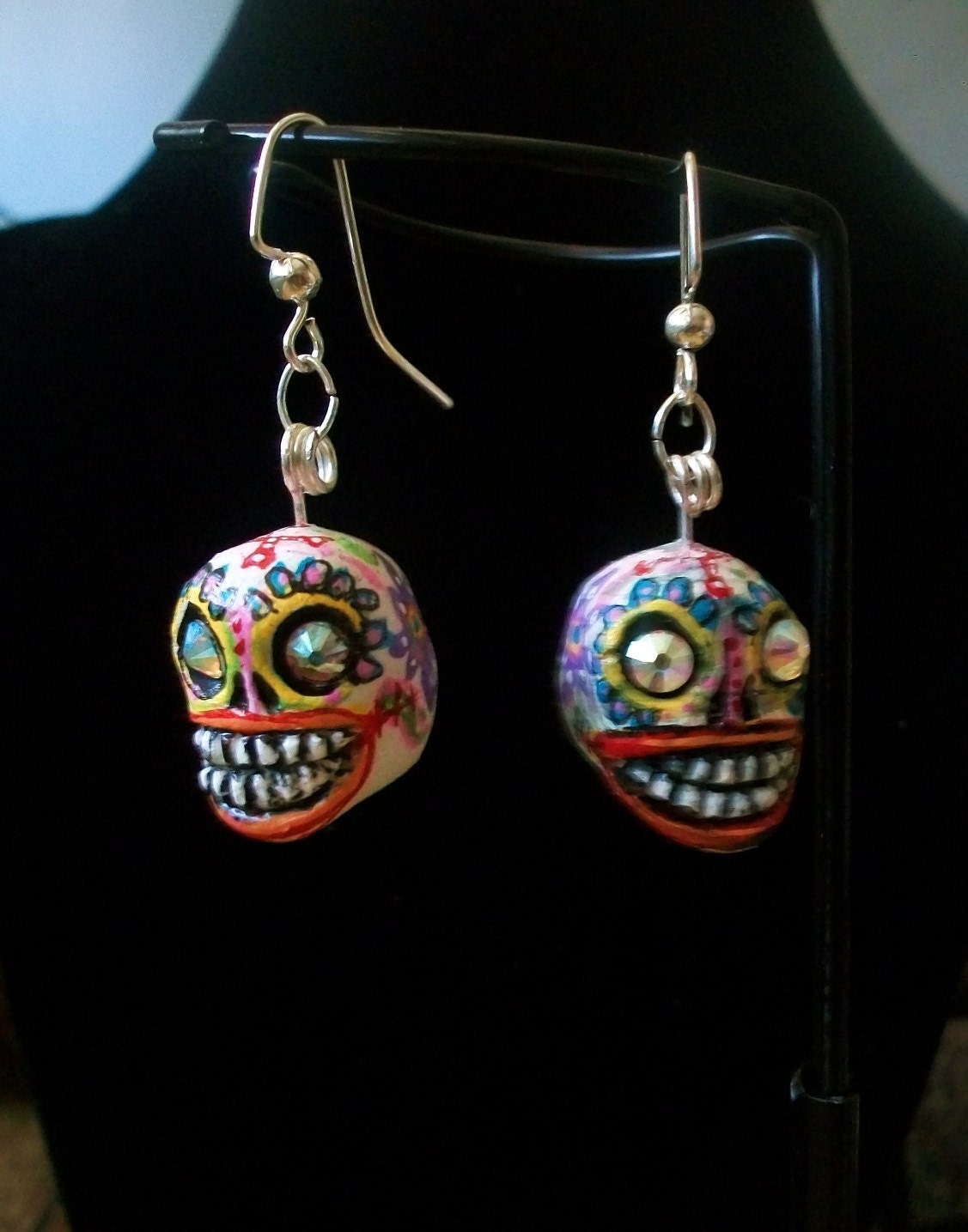 Day of the Dead Earrings, Sugar Skull, Dia de los Muertos Handsculpted OOAK with Swarovski Crystal Eyes