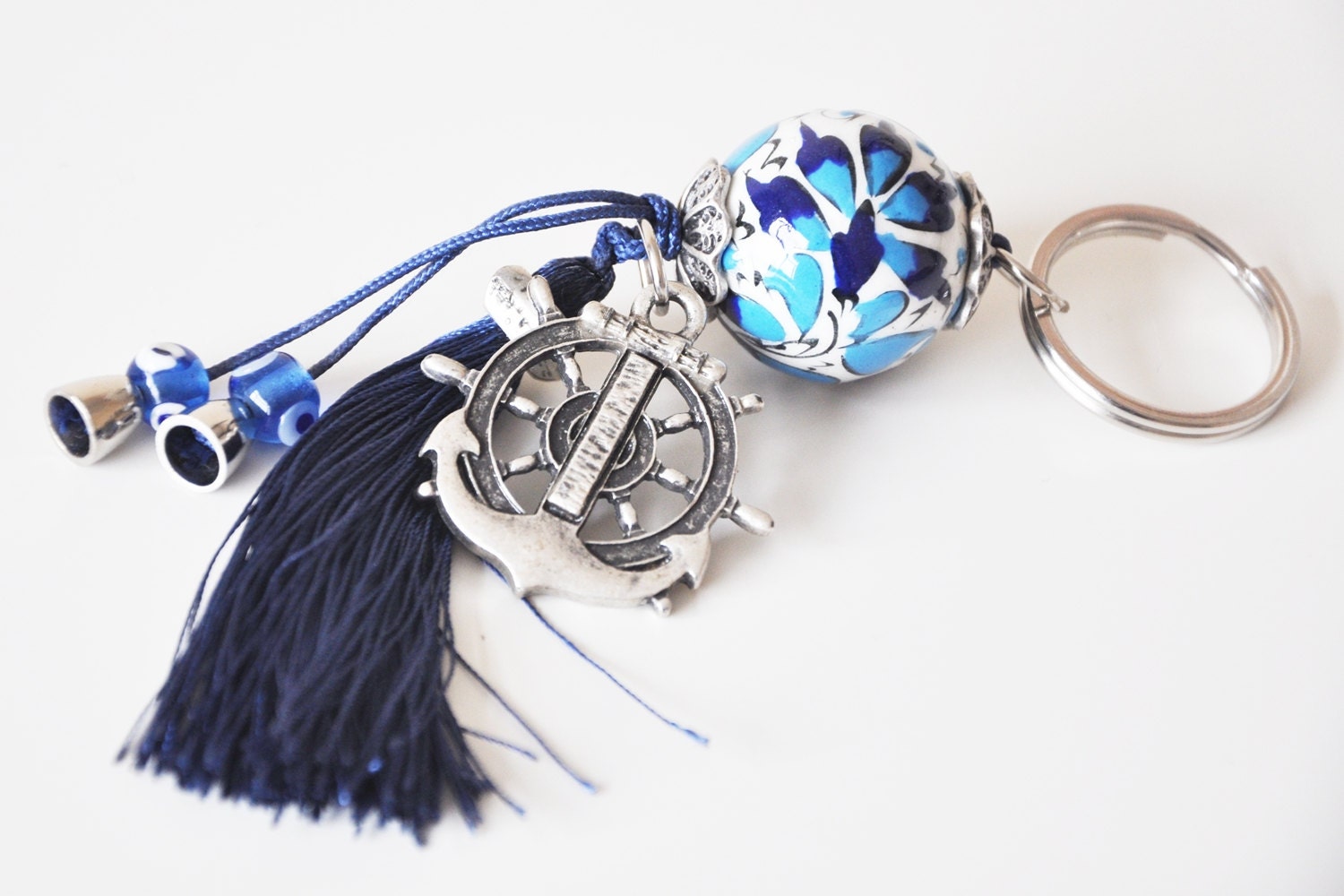 Anchor & Rudder Key Chain Handmade Evil Eye and Turkish Ceramic Silver Plated