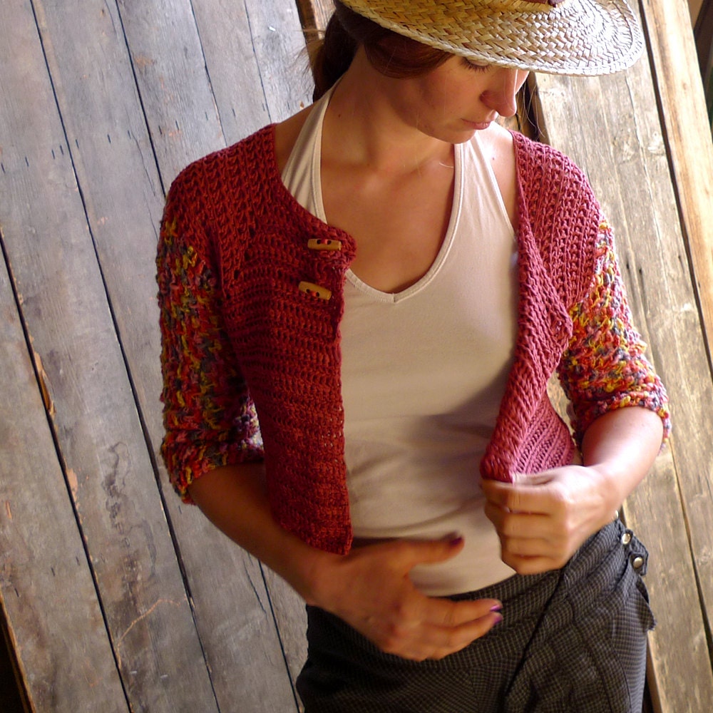 Crohet Cardigan, Swing Jacket, Cropped Cardigan - Pomegranate Red, Terracotta - Bamboo, Viscose - Natural Earthy Women Clothing - size M