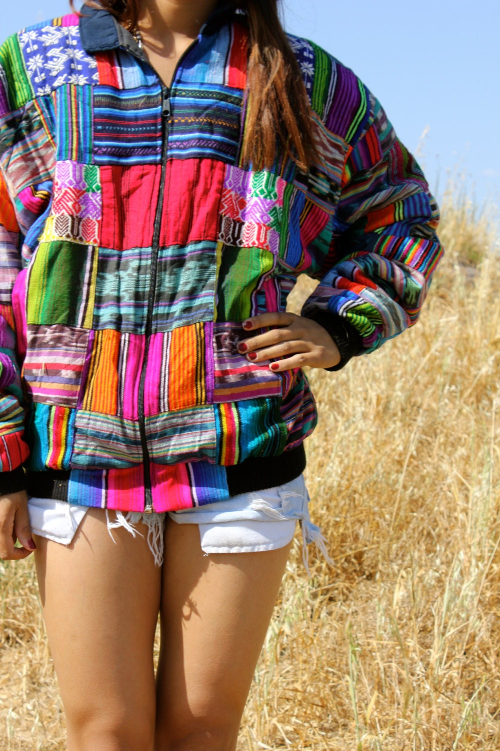 Vintage Patchwork Guatemalan Hand Embroidered Cotton Folk Art Bomber Jacket