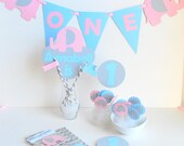 ONE Elephant Party Pink and Baby Blue elephant party set , banner, name centerpiece, cupcake toppers and more A488