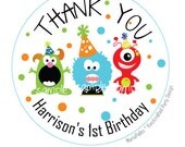 Monster Party Personalized Thank you Birthday PRINTED round Stickers, tags, Labels or Envelope Seals A658 Il_170x135
