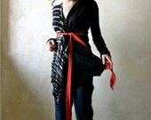 Women's long sleeved jersey cardigan - black white stripes red  draped sweatshirt