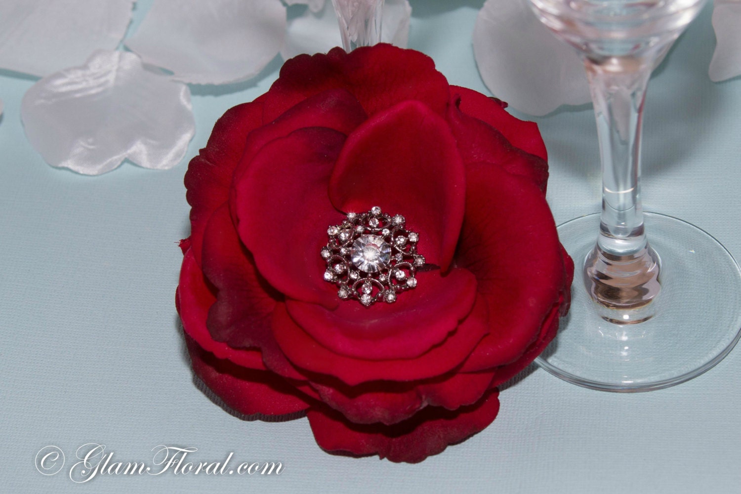 Deep Red Real Touch Rose Hair Clip Fascinator / Brooch/ Corsage with rhinestones. Destination Wedding.  yellow orange red green pink white