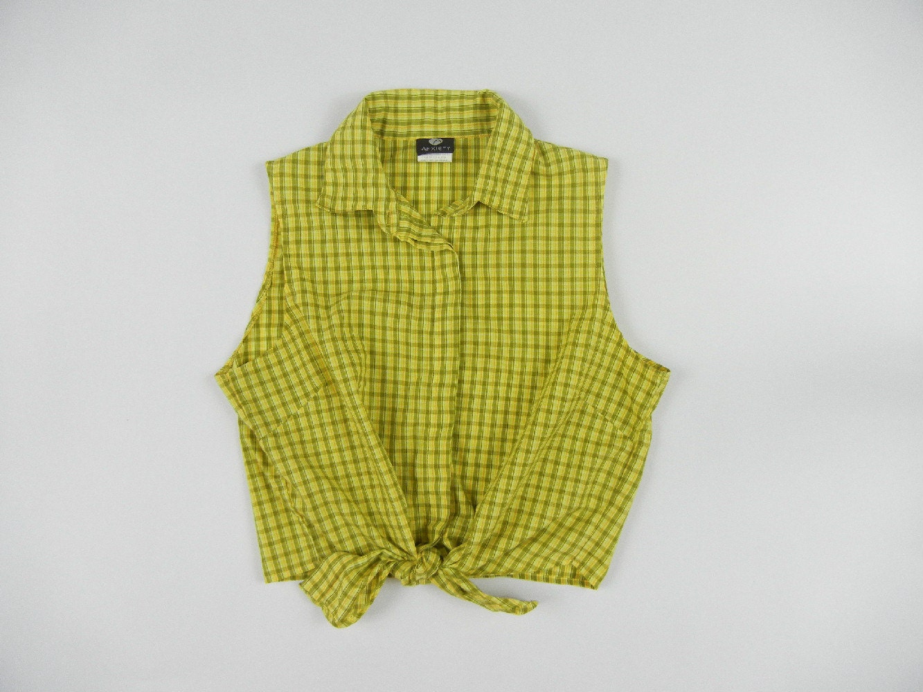 Vintage Crop Top, Size Large, Plaid, Green, Hipster, Summer, Collared, 90's Clothing