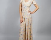Vintage Maxi Dress 70s Cream FLORAL Romantic BOHO Empire Waist Maxi S