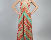 Vintage Striped Maxi Dress 70s Open Back Chevron Stripe BOHO Tent Trapeze Sleeveless Maxi Dress  M