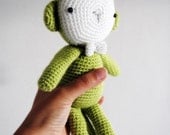 Amigurumi Big Green Monkey with a white and silver bow, handmade & ready to ship