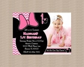 Pink Chevron Minnie Mouse Birthday Party Photo Invitation  - Inspired by Minnie Mouse - Pink Minnie Mouse Birthday Invitation