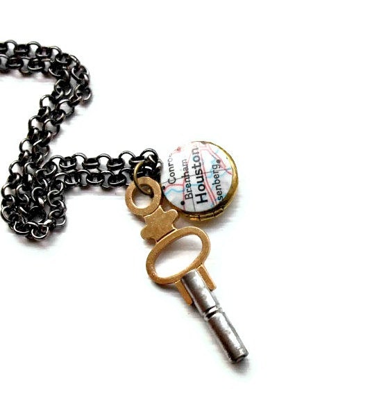 Custom Map Locket Pocket Watch Turn Key Necklace