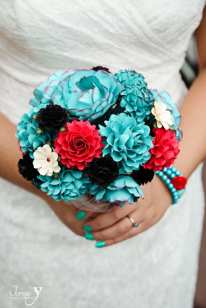 Teal, Red and Black Rock and Roll Inspired Handmade Paper Flower Wedding Bouquet - Customize your Style and Colors - Made To Order