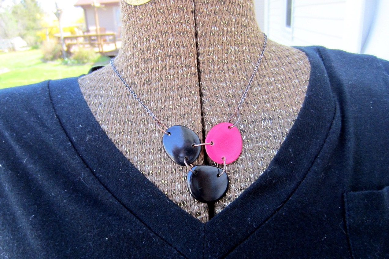 Black Pink TAGUA NUT NECKLACE - statement - bib - hot pink, magenta, charcoal - charity - eco-friendly