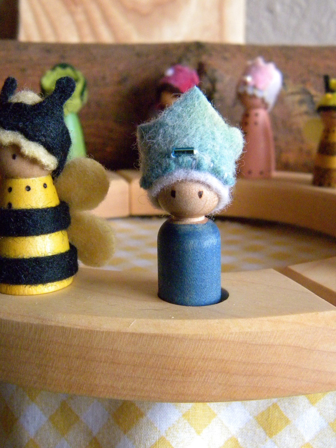 Birthday Prince, Waldorf Birthday Ring Decor, Small Wooden Peg Doll, hand dyed wool, jeweled crown, Waldorf Toy, Boy Birthday, blue