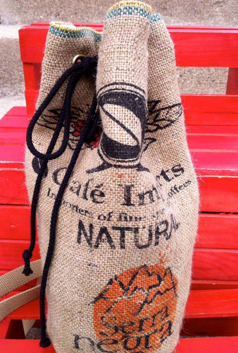 Recycled Burlap Coffee Sack Drawstring Duffel Bag Cafe Imports