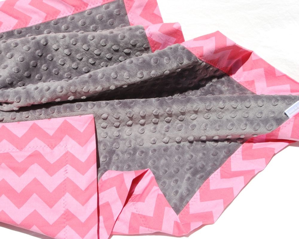 Pink and Gray baby Blanket - Minky Baby Blanket - Pink on Pink Chevron with Dark Gray dimple dot minky - Medium Chevron -Ready to Ship