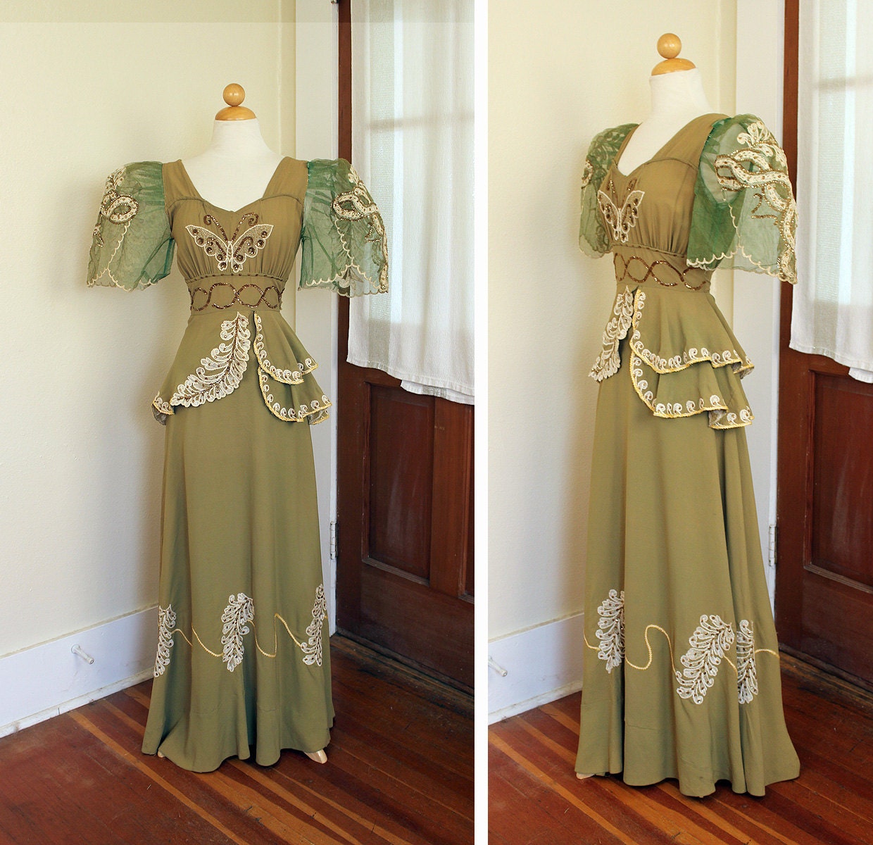 STUNNING Couture Custom 1940's Chartreuse Green Rayon Long Glamor Evening Gown w/ Butterfly & Feather Embroideries - Huge Net Sleeves - Rare
