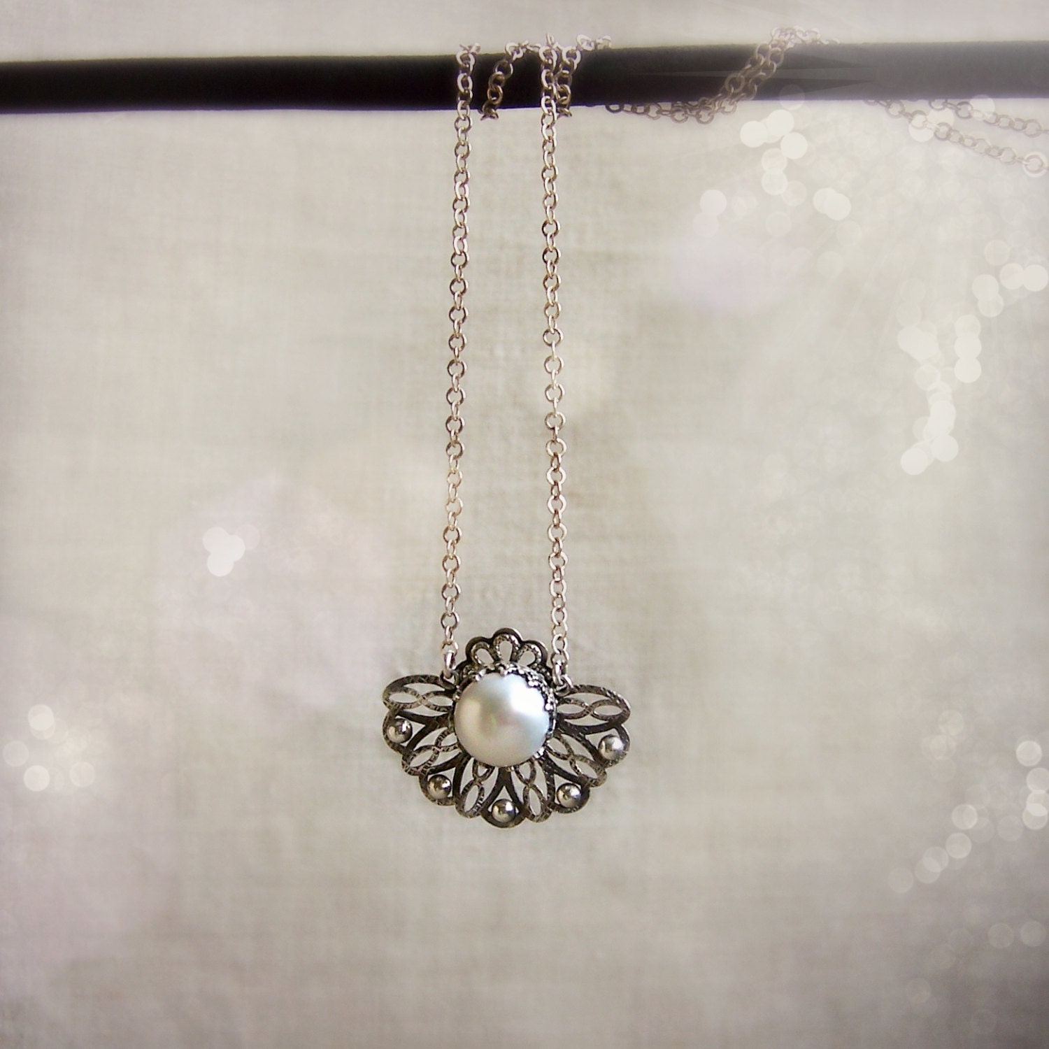 Freshwater pearl necklace, oxidized sterling silver necklace, open work jewelry, filigree necklace, feminine jewelry, Bridal necklace