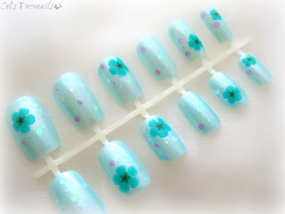 Turquoise flower nails, Japanese nail art set, spring false nail set