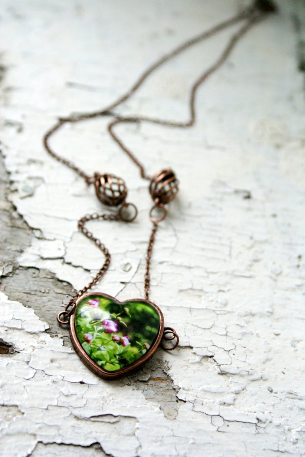 Peony Flower Buds Photo Jewelry Pendant Heart Necklace, Floral Copper Wearable Art