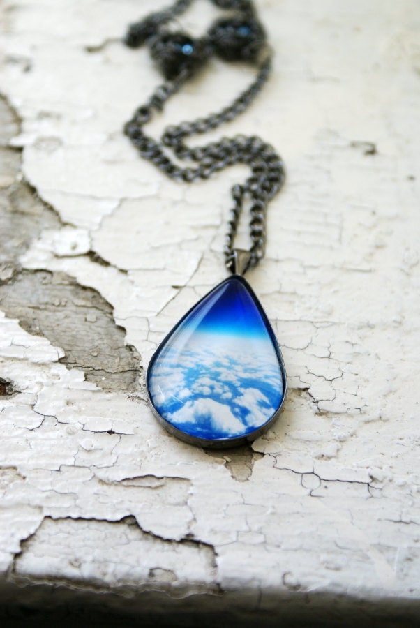 Looking Above the Clouds Photo Jewelry Teardrop Necklace Pendant, Gunmetal Black Surreal Royal Blue Wearable Art,