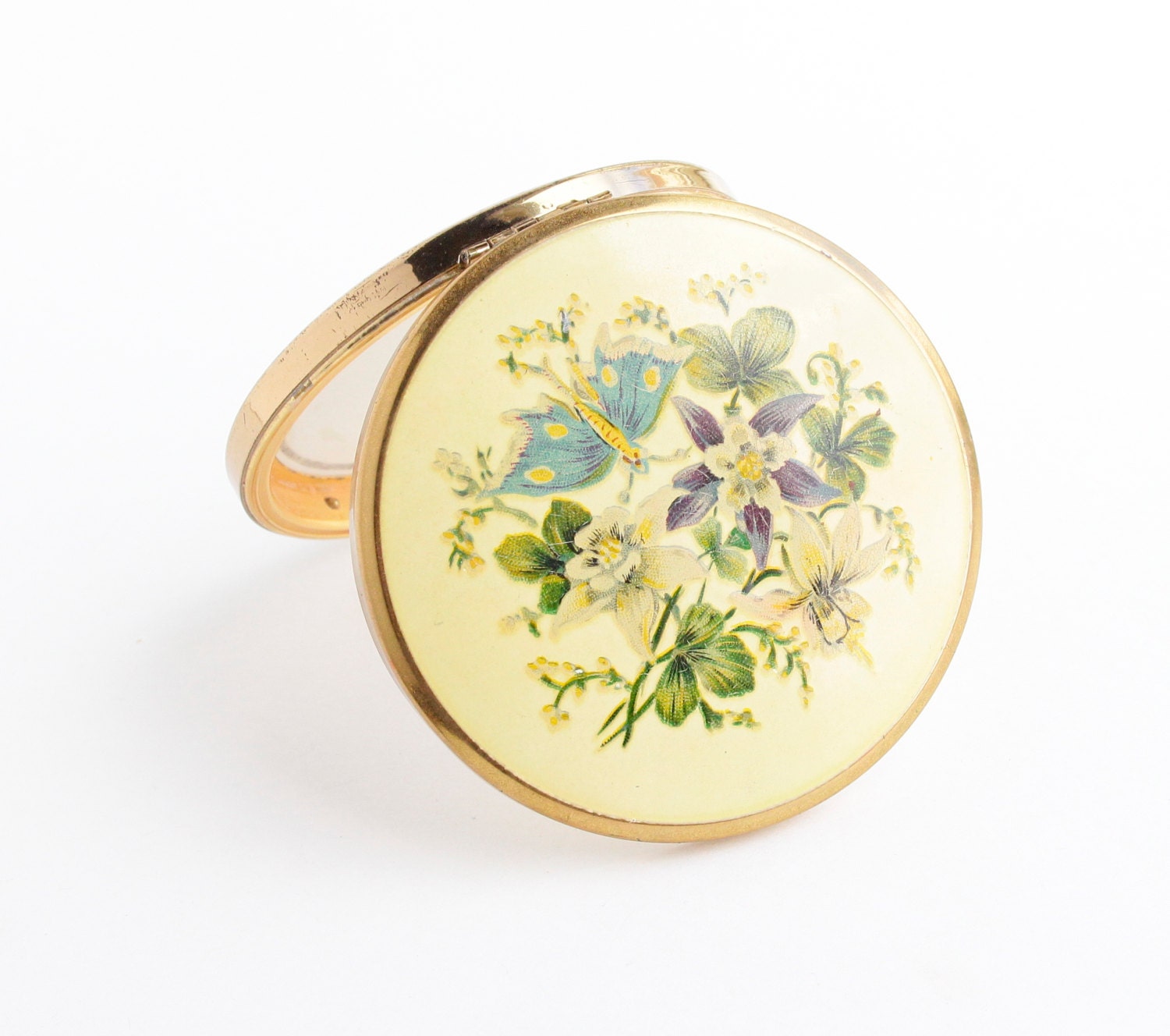 Vintage Compact Makeup Case- 1950s Gold Tone Floral Designer Melissa England / Makeup Mirror