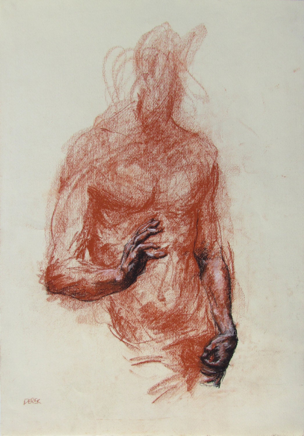 Red Figurative Gesture Drawing - conte on paper - 13.75 x 19.5" original drawing