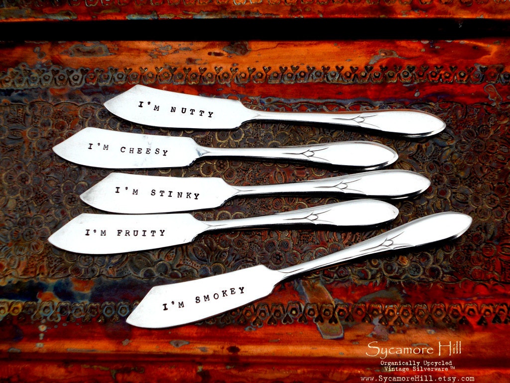Cheesy Set of Knives - The Hard Cheeses, Handstamped Vintage Silverware by - Sycamore Hill