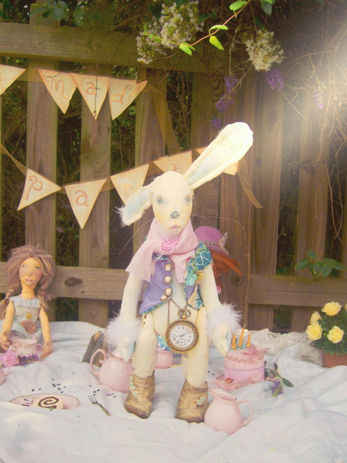 The White Rabbit - OOAK Mixed Media Art Doll, Jointed Rabbit Soft Sculpture, Alice in Wonderland