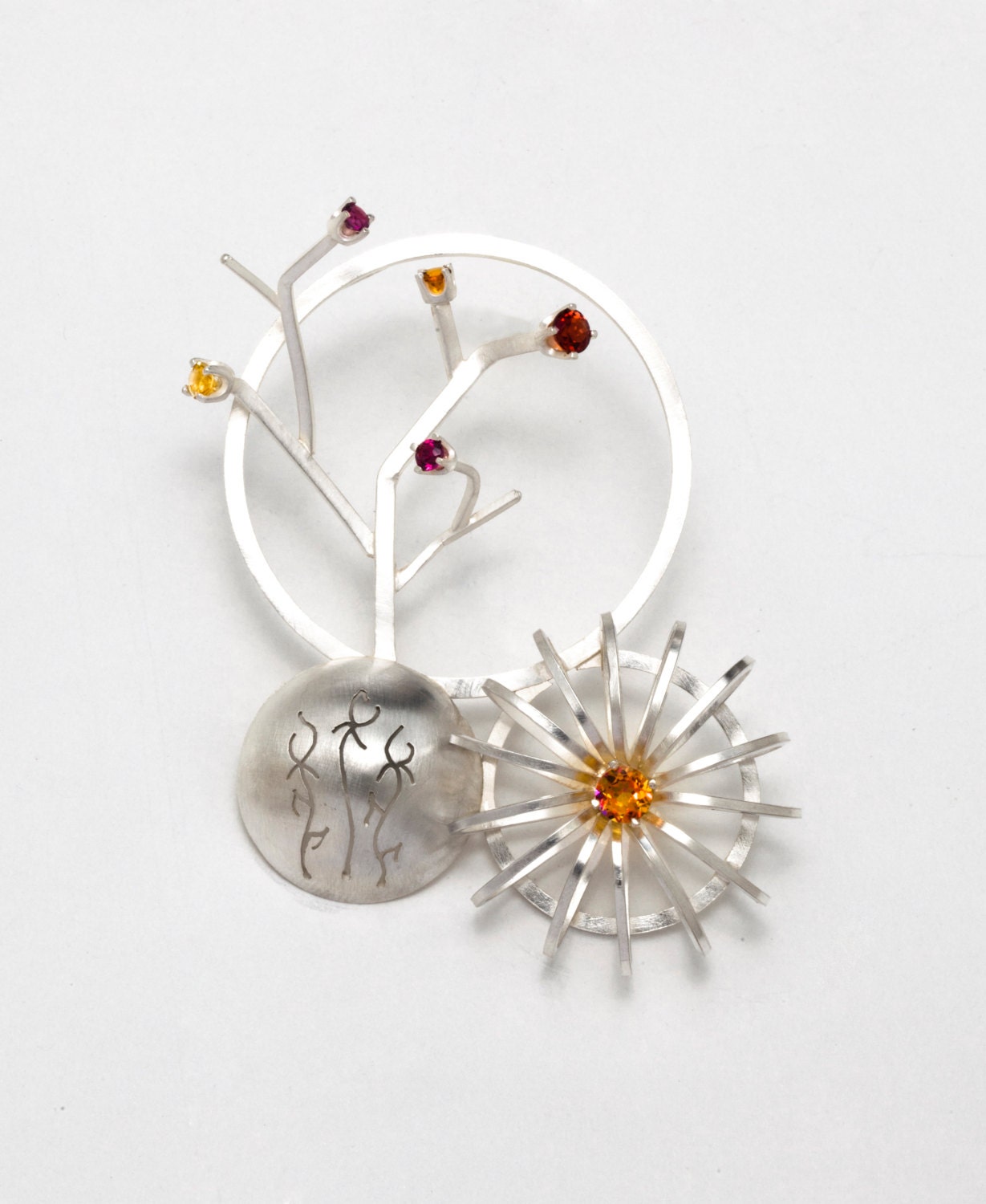 Transformation Brooch - Flower, Bloom, Tree Brooch with Garnet, Topaz, Citrine in Sterling Silver