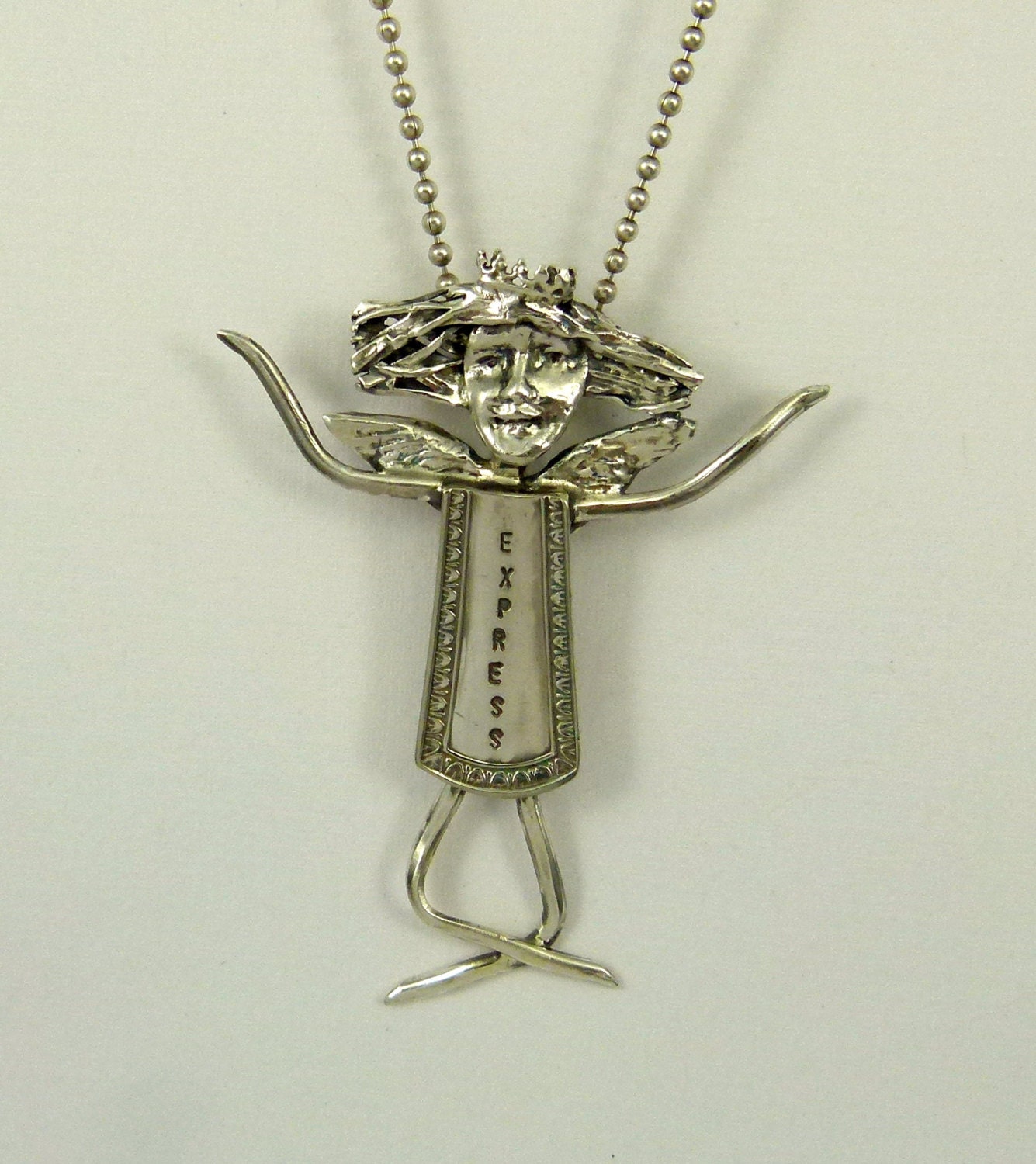Angel Erykah Expresses Herself - Up Cycled Sterling, Silverware, And PMC - Art Jewelry Pendant - 1048