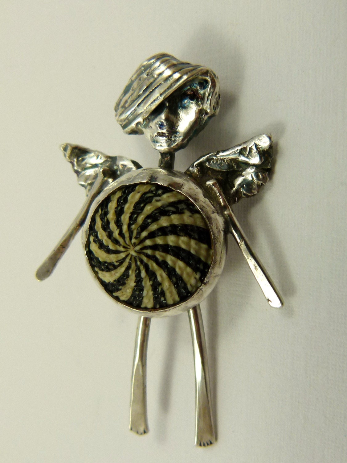 Angel Zoey Opens Herself To Positive Energy - Up Cycled Sterling Silver, Antique Button, And PMC - Art Jewelry Pendant - 1168