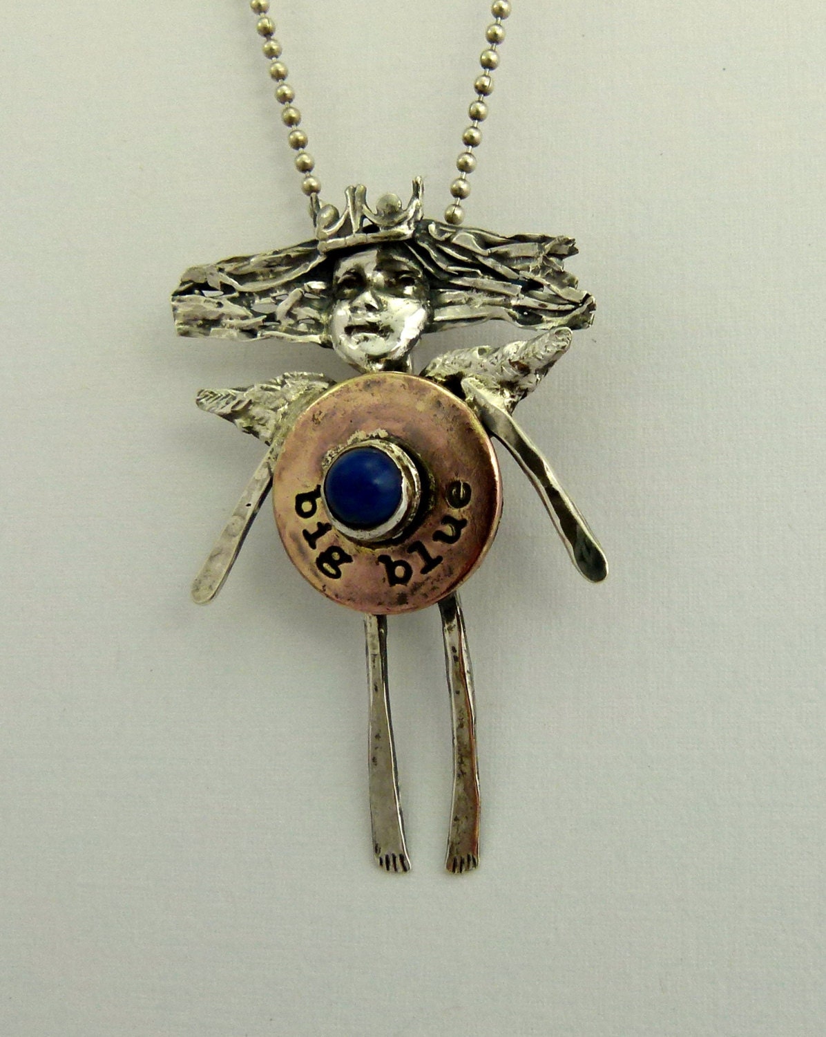 Angel Blake Loves The Color Blue - Up cycled Sterling, Lapis Lazuli Cab, Copper Overall Button, And PMC - Art Jewelry Pendant - 1120