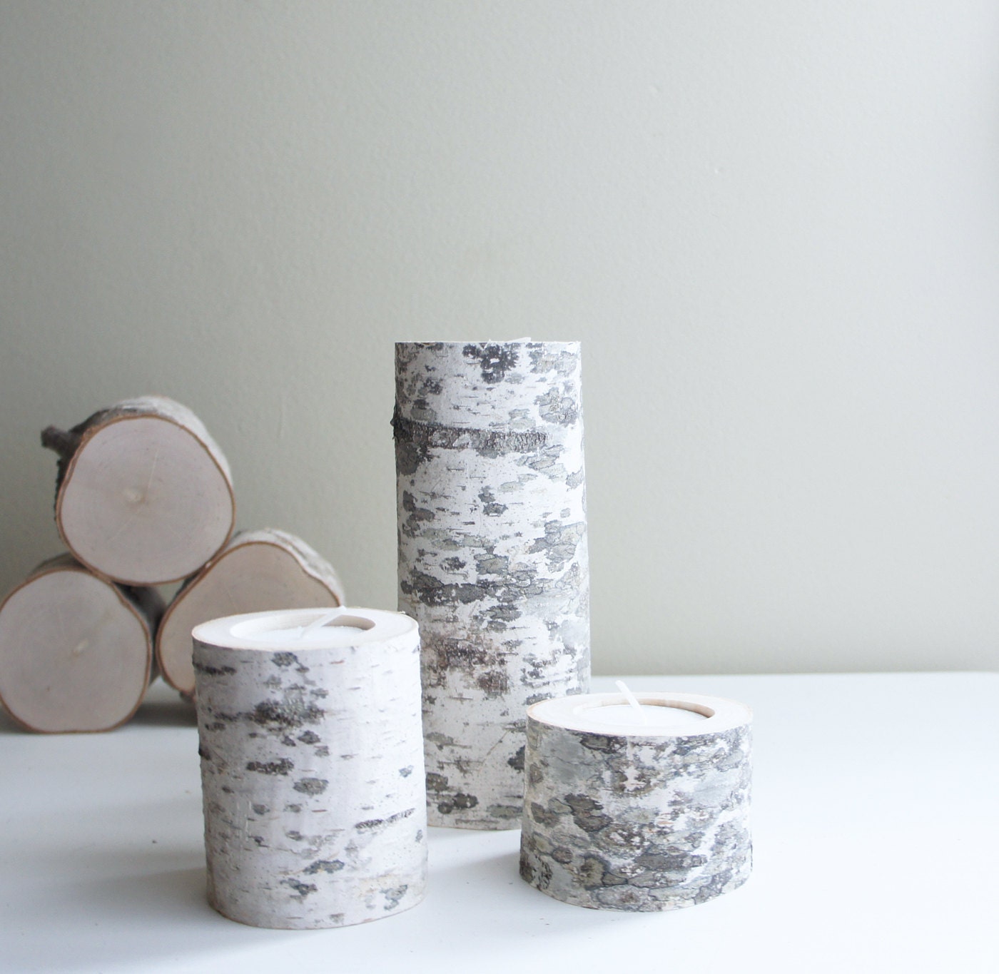 natural white birch wood candle holders - set of 3
