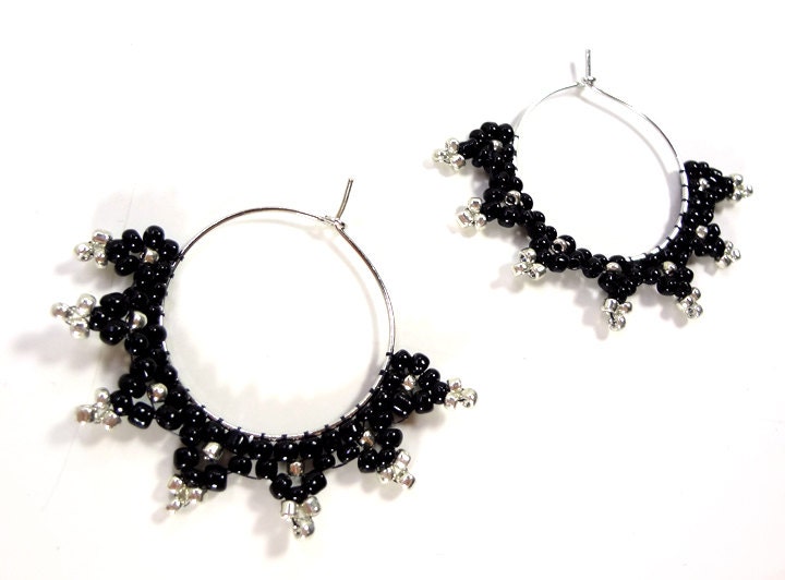 Black and Silver Beaded Hoop Earrings - MegansBeadedDesigns