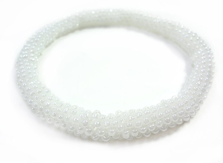 Angelic White Beaded Bangle Bracelet