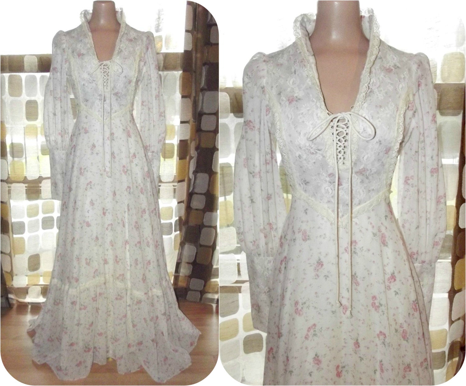 Vintage 70s Calico Rose Lace Up Bodice Gunne Sax Dress 12 BOHO Prairie Maxi Wedding Gown