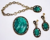 Vintage Egyptian Revival Scarab Set of Brooch and Pendant, Bracelet and Earrings - West Germany